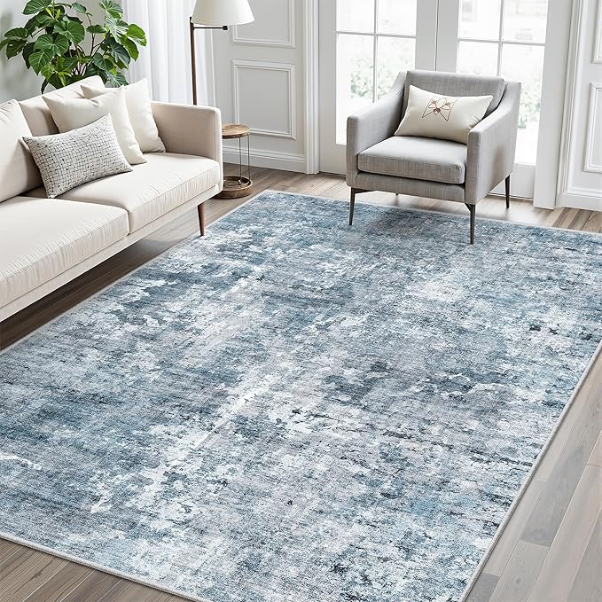 Soalmost 7x9 Area Rug for Living Room Washable Abstract Vintage Soft Thin Indoor Floor Non-Slip Carpet for Bedroom Dining Room Blue Grey