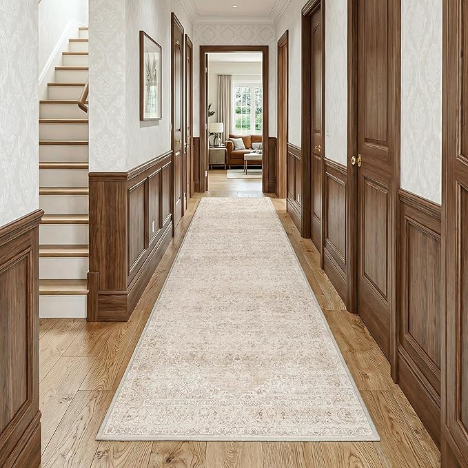 FMFUNCTEX 3x10 Hallway Runner Rug Beige Vintage Neutral Washable Distressed Non Slip Low Pile Indoor Carpet Soft Retro Entryway Rug for Kitchen Bathroom Laundry Entrance Living Room Bedroom Bedside