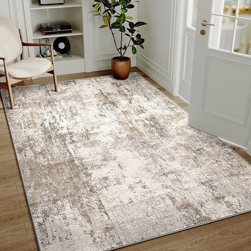 4x5 Washable Area Rug Brown Grey Abstract Non Slip Soft Low Pile Rug for Entryway Kitchen Bathroom Neutral Modern Throw Carpet for Living Room Bedroom Home Decor