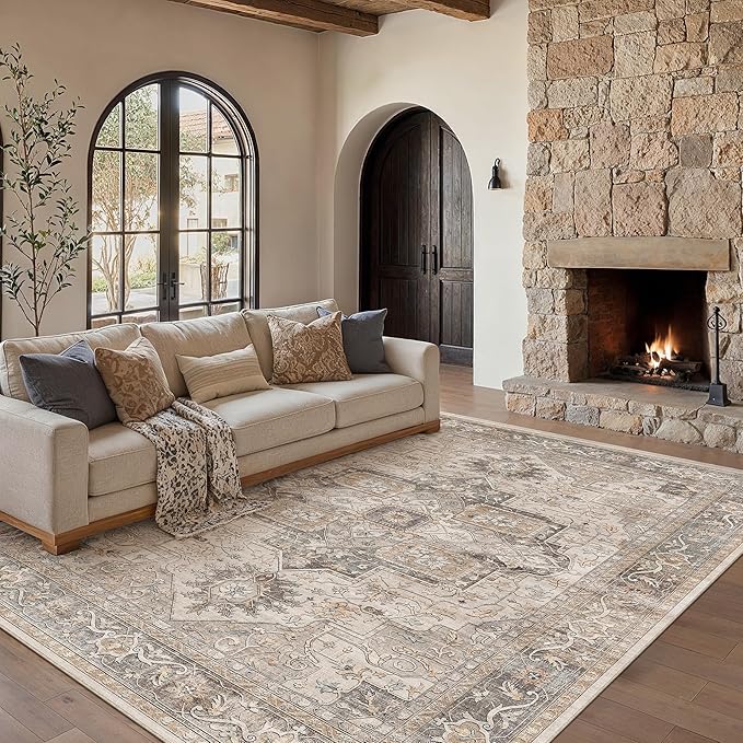 8x10 Washable Vintage Area Rug Brown Oriental Living Room Bedroom Throw Rug Neutral Non Slip Soft Low Pile Carpet for Dining Room Office Nursery Indoor