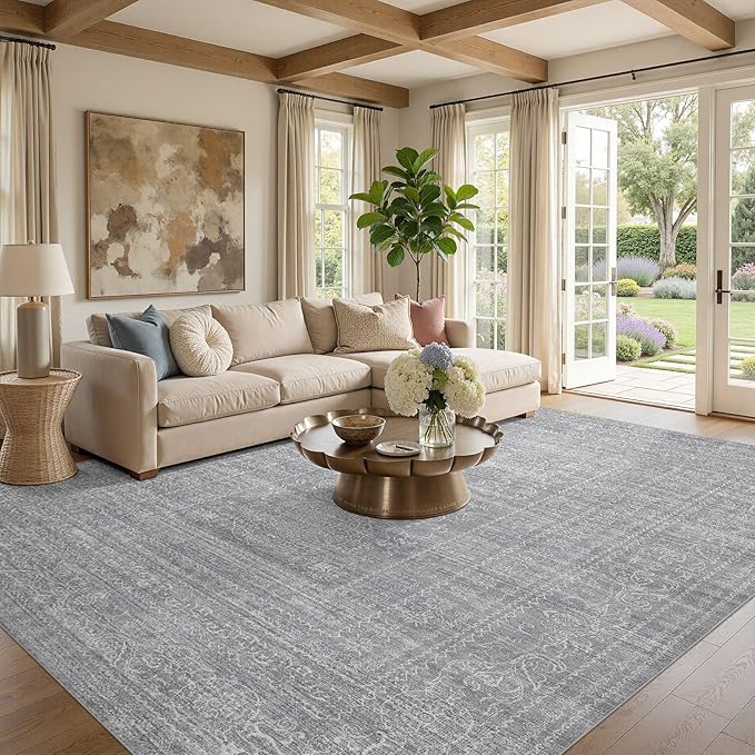 12x15 Area Rug Living Room: Washable Large Vintage Grey Rug Neutral Non-Slip Soft Stain Resistant Indoor Carpet for Bedroom Nursery Dining Room Under Table Bed Home House Office Playroom