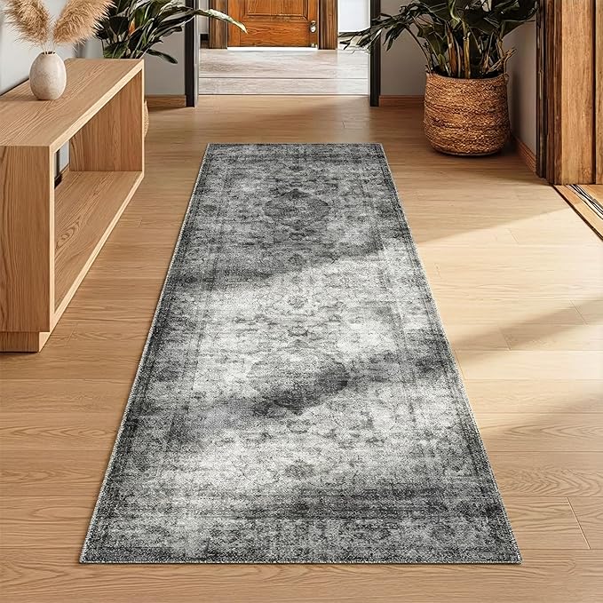 Homemate Washable Rug 2x6 Area Rugs - Vintage Faux Wool Rugs for Living Room Bedroom Dining Room - Non Slip Foldable Carpet Indoor Area Rug for Home Decor（2'x6', Black