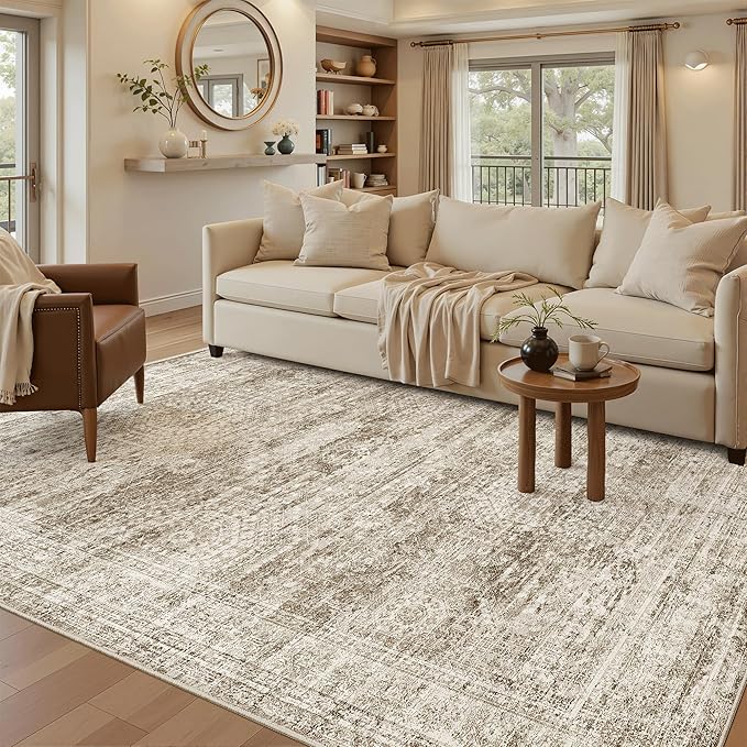 Soalmost 5x7 Area Rugs Brown Low Pile Indoor Washable Trendy Faded Style Rugs for Bedroom Living Room Dining Room Foldable Non-Slip Thin Print Mat