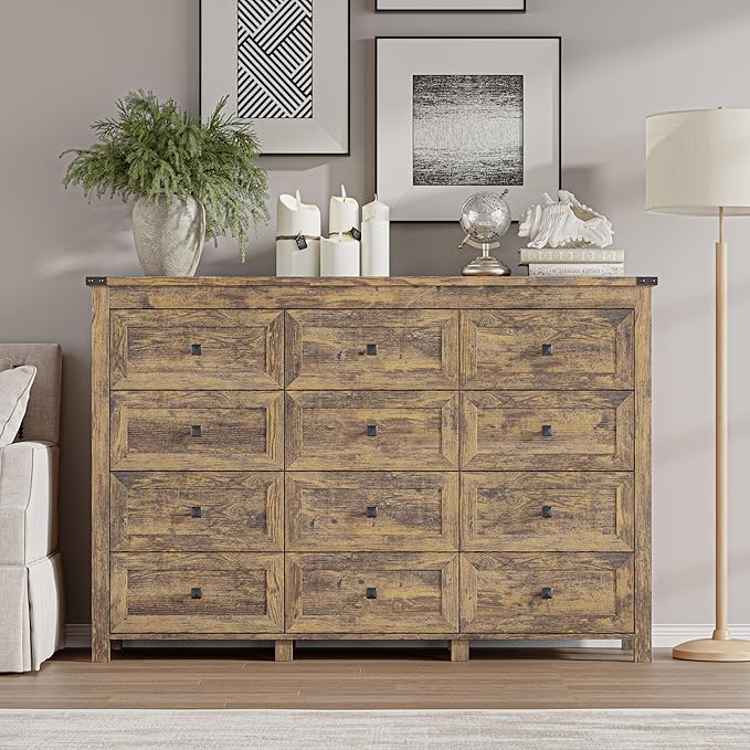 BORNOON 12-Drawer Dresser, Modern Wooden Storage Chest of Drawers, Dresser TV Stand, Wood Drawer Organizer with Metal Handles for Bedroom, Living Room, Hallway