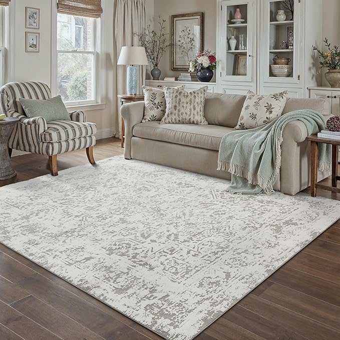 5x7 Fluffy Area Rug Grey Shag Neutral Throw Carpet for Living Room Soft Medium Pile Floral Throw Rug for Bedroom Dorm Office Dining Room Kitchen Modern Decor