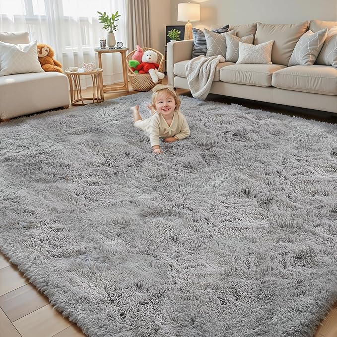 Area Rugs 9x12 Living Room, Large Area Rug Shag Shaggy Carpet Soft Plush Furry Bedside Rug, Machine Washable Area Rugs for Bedroom Kids Girls Boys Home Decor Anti Slip(9 x 12, Light Grey)