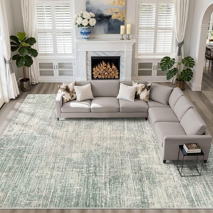 10x12 Area Rug Living Room: Washable Large Neutral Green Rugs Abstract Soft Modern Stain Resistant Indoor Floor Non-Slip Carpet for Bedroom Nursery Kids Office Playroom Dining Room Under Table Home
