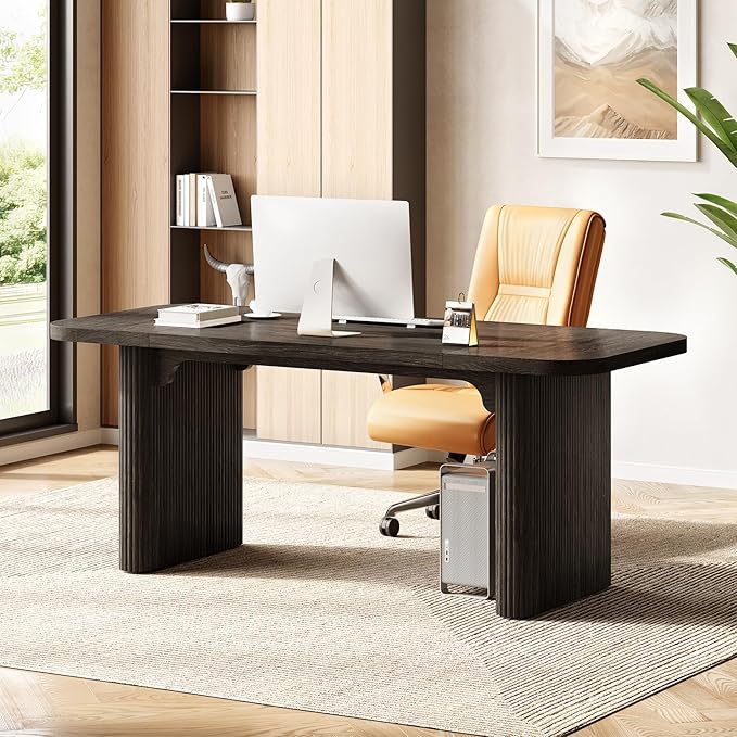 LITTLE TREE 62-Inch Computer Desk, Large Simple Writing Desk with Fluted Double Pedestal, Modern Home Office Desk, Wooden 5 Ft Small Conference Meeting Seminar Table, Charcoal Black