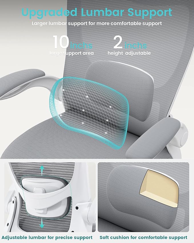 MUXX.STIL Office Chair, Ergonomic Desk Chair with Adjustable Lumbar Support and Flip up Armrest, Breathable Mesh Computer Chair for Home Office, Gray