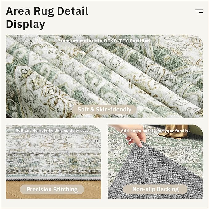 Soalmost 8x10 Area Rugs, Washable Rugs, Large Stain Resistant Area Rug for Living Room Bedroom Dining Room, Vintage Farmhouse Rug Green