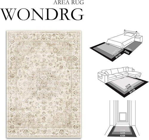 8x10 Washable Neutral Area Rug Beige Vintage Living Room Bedroom Carpet Non-Slip Soft Medium Pile Floral Indoor Large Throw Rug for Dining Room Office