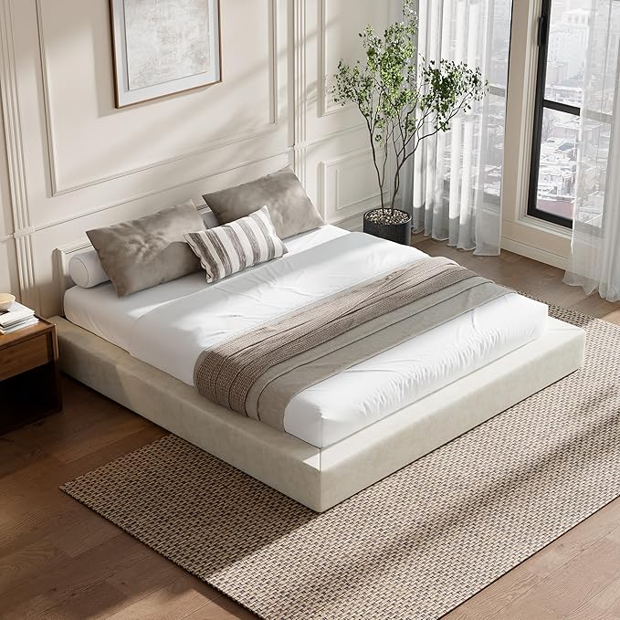 RECCI AirFrame King Size Bed Frame, Cloud Upholstered Platform Bed Frame, 5 Inch Fully Boxy Foam Cushioned, Square Shape Base, No Box Spring Needed, Easy Assembly | Beige Chenille, Soft Low-Profile