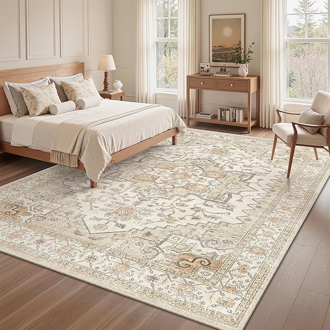 Area Rugs for Living Room - 6x9, Boho Non-Slip Low Pile Carpet Machine Washable Rugs for Bedroom, Farmhouse, Office, Dining Room (Gold)
