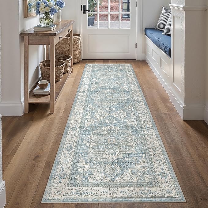 2x8 Washable Vintage Runner Rug Blue Oriental Hallway Kitchen Throw Rug Neutral Non Slip Soft Low Pile Carpet for Bathroom Laundry Bedroom Living Room