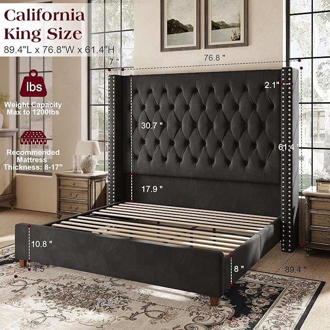PaPaJet California King Size Bed Frame with 61.4" Tall Wingback Design Headboard, Velvet Upholstered Platform, Handmade Deep Button Tufting, Solid Wood Legs, No Box Spring Needed, Black
