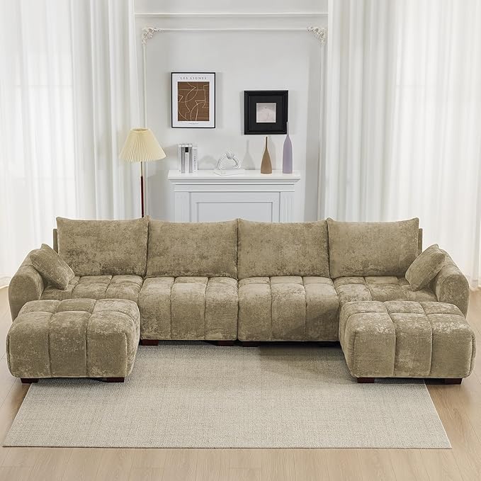 143" Oversized U Shaped Couch, Large Chenille Cloud Couch with Two Movable Ottomans, Memory Foam and Solid Wood Legs, Mid Century Modern Modular Sectional Couches for Living Room, Tufted Sofa, Brown