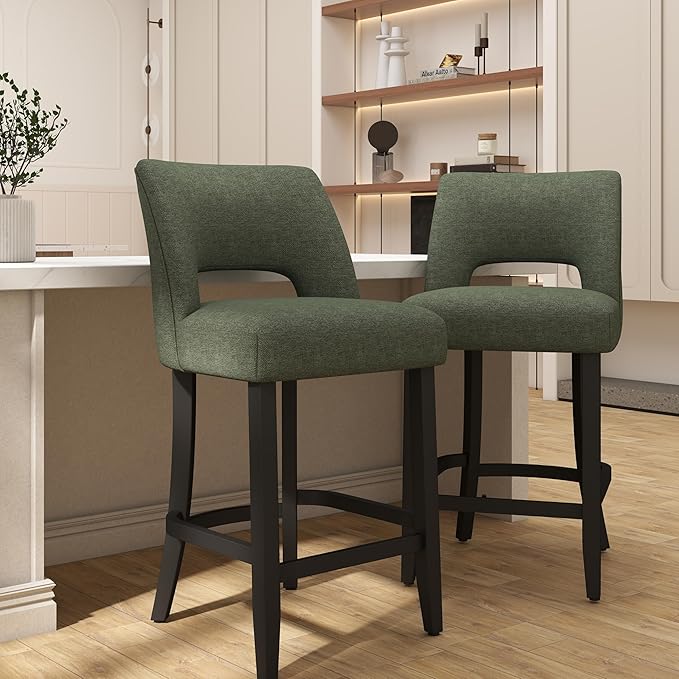 VKNOW Bar Stools Set of 6, 26" Upholstered Counter Height Bar Stools, Modern Counter Stools with Black Legs for Kitchen Island Dining Room Bar, Green-Black Legs