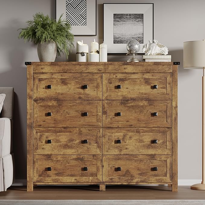 BORNOON Tall 8-Drawer Dresser, Modern Wooden Storage Chest of Drawers, Dresser TV Stand, Wood Drawer Organizer with Metal Handles for Bedroom, Living Room, Hallway