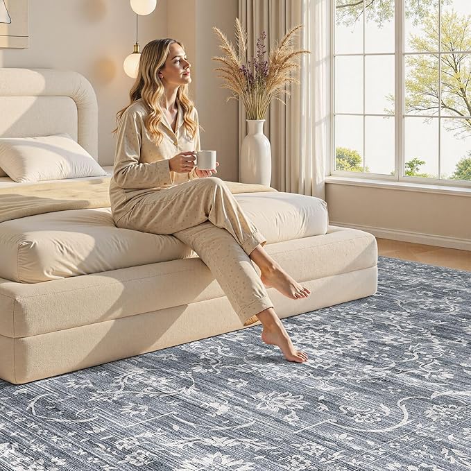 5x7 Area Rug Living Room: Washable Large Vintage Grey Rug Neutral Non-Slip Soft Stain Resistant Indoor Carpet for Bedroom Nursery Dining Room Under Table Bed Home House Office Playroom - Retro Blue