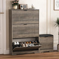 HUANLEGO Shoe Cabinet Storage for Entryway with 4 Flip Drawers, Grey Fluted Shoe Cabinet with Bench, Wooden Hidden Shoe Rack Freestanding Narrow Slim Shoes Storage Organizer for Hallway, Entrance