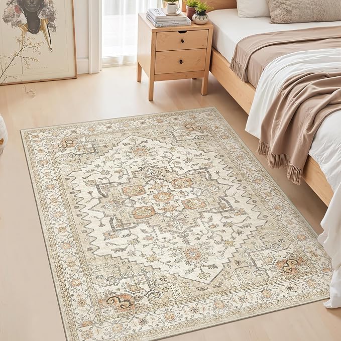 Area Rugs for Living Room - 3x5, Boho Non-Slip Low Pile Carpet Machine Washable Rugs for Bedroom, Farmhouse, Office, Dining Room (Gold)
