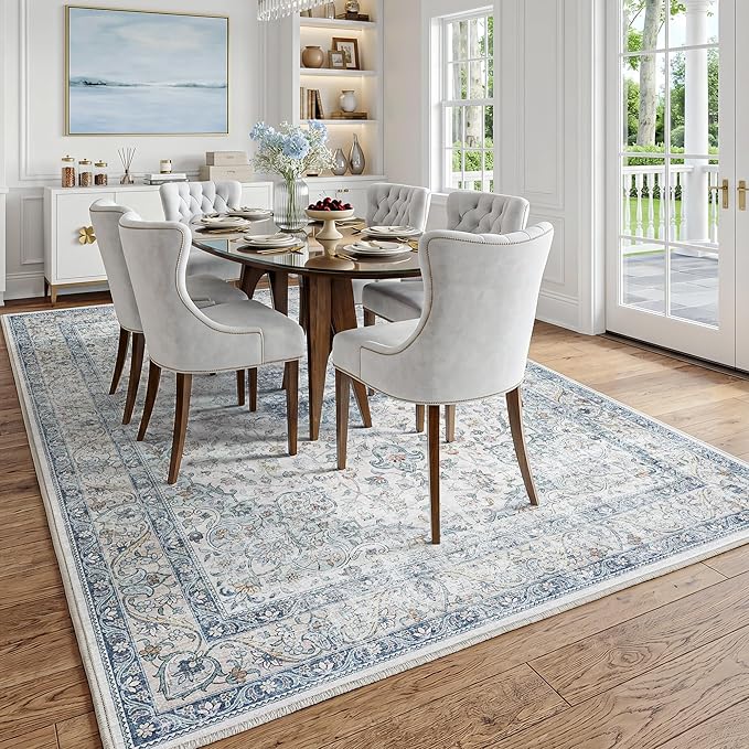 FMFUNCTEX 5x7 Blue Washable Area Rug Vintage Distressed Oriental Non Slip Low Pile Neutral Indoor Carpet for Living Room Bedroom Soft Retro Floral Thin Large Rug for Dining Nursery Office Dorm