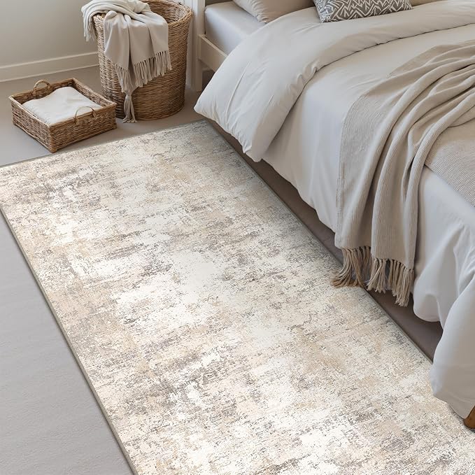 2x4 Washable Runner Rug Beige Grey Abstract Non Slip Soft Low Pile Hallway Kitchen Rug Neutral Modern Carpet for Laundry Bathroom Bedroom Living Room Home Decor