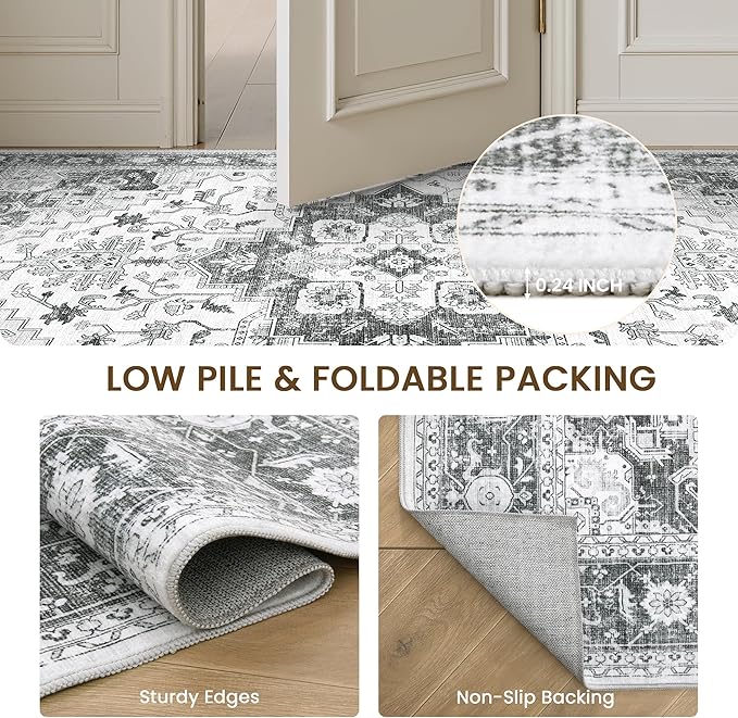 befbee Washable Area Rug 5x7, Area Rugs Stain Resistant Neutral Washable Rugs for Living Rooms Bedroom Vintage Non-Slip Thin Large Size Area Rug（Grey）