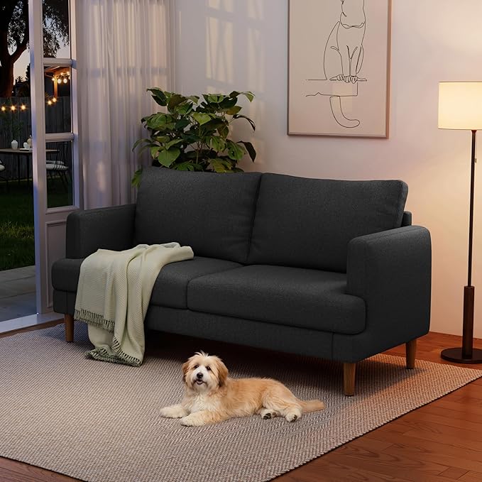 70" Modern Loveseat Sofa with USB Type-C Ports, Linen Fabric 2-Seater Deep Seat Couch, Cozy Small Couch Sofa for Living Room Bedroom Office Apartment (Black)