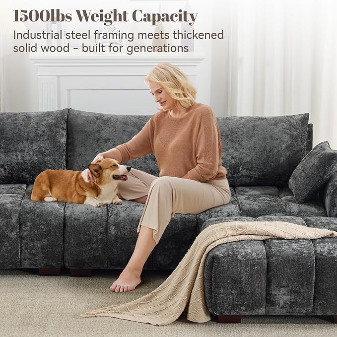 112" Mid Century Modern L Shaped Couch, 3 Seater Modular Sectional Sofa with Movable Ottoman, Deep Seat and Solid Wood Legs, Cloud Couch for Living Room, Chenille Tufted Sofa, Grey