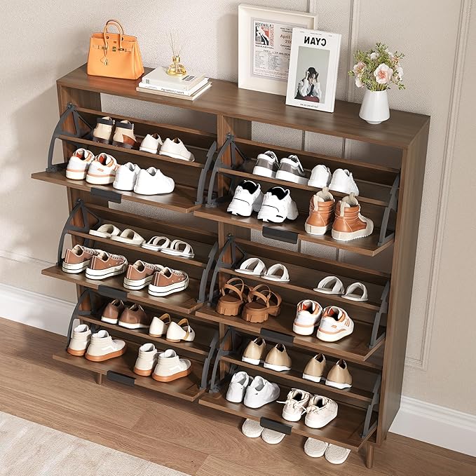 BORNOON Shoe Cabinet for Entryway with 6 Flip Drawers, Slim Wooden Shoe Storage Organizer with Modern Fluted Pannel，Freestanding Narrow Hidden Shoe Rack for Hallway, Foyer, Living Room