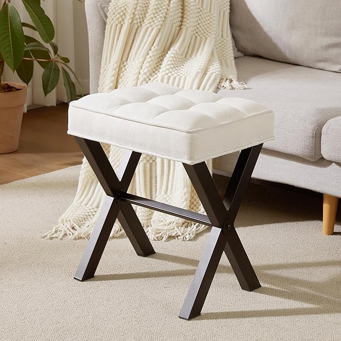 Royal Windsor Vanity Stool,Square Ottoman Stool Foot Rest,Upholstered Vanity Chair Foot Stool with Metal X Legs, Small Vanity seat for Entryway,Bedroom and Living Room,Linen White