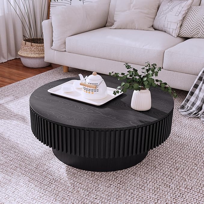 39.37'' Round Coffee Table with Storage, Solid Wood Veneered Modern Drum Coffee Table Accent Tea Table for Living Room, Bedroom, Apartment or Office-Black