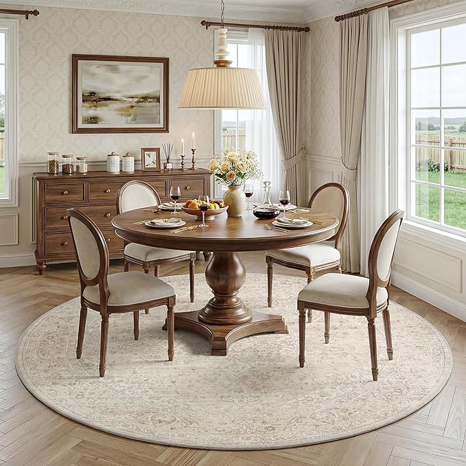FMFUNCTEX 5ft Round Washable Area Rug Beige Vintage Neutral Oriental Distressed Non Slip Carpet for Living Room Bedroom Soft Low Pile Indoor Mat Retro Cream Rug for Dining Room Office Nursery Bedside
