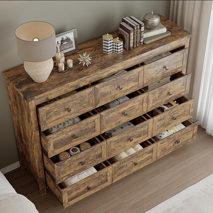 BORNOON 12-Drawer Dresser, Modern Wooden Storage Chest of Drawers, Dresser TV Stand, Wood Drawer Organizer with Metal Handles for Bedroom, Living Room, Hallway