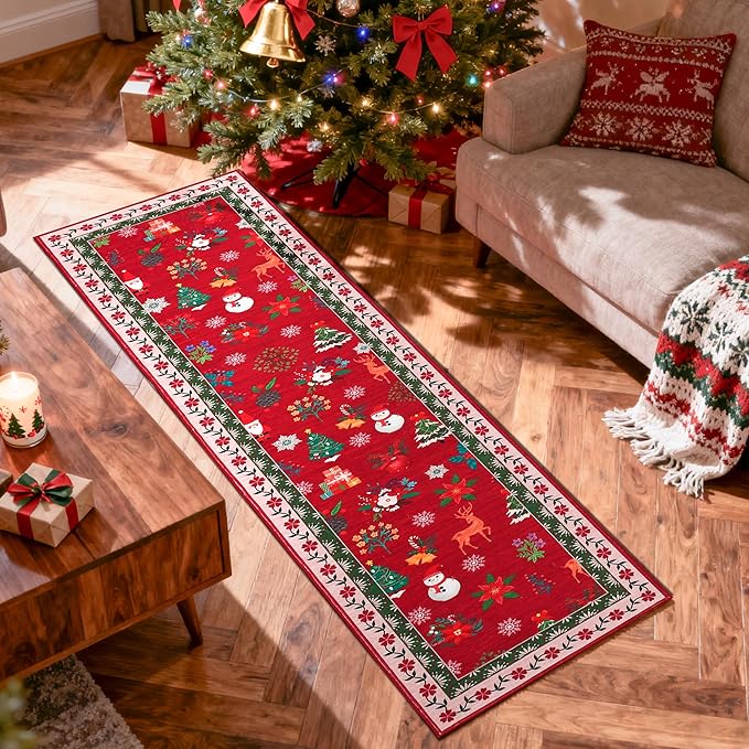 Garvee 2x6 Christmas Long Hallway Runner Rug Boho Xmas Kitchen Runner Rug Washable Carpet Decorative Romance Throw Rugs Non-Slip Area Rug for Bedroom Living Room Kitchen Nursery, Red