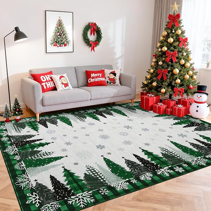 Garvee Washable Rugs for Living Room 8x10 Large Christmas Rugs Mats with Xmas Tree Snowflake Pattern, Foldable Plaid Accent Rug, Soft Low Pile Indoor Carpet for Bedroom, Office, Green