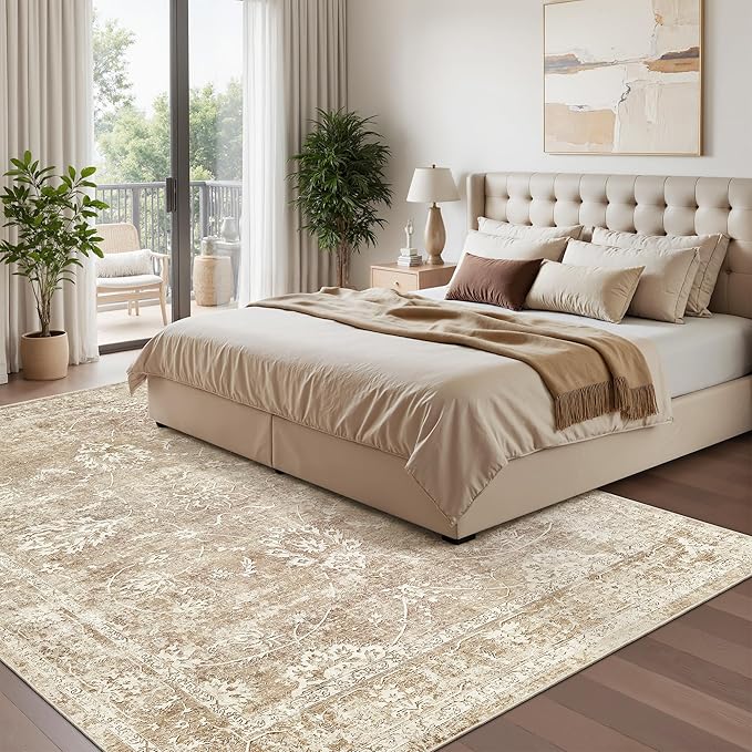 Madane Washable 6x9 Area Rugs for Living Room, Vintage Neutral Rug with Non-Slip Backing, Soft Stain Resistant Throw Rugs Thin Carpet for Bedroom Dining Room Farmhouse (6 x 9, Beige/Brown)