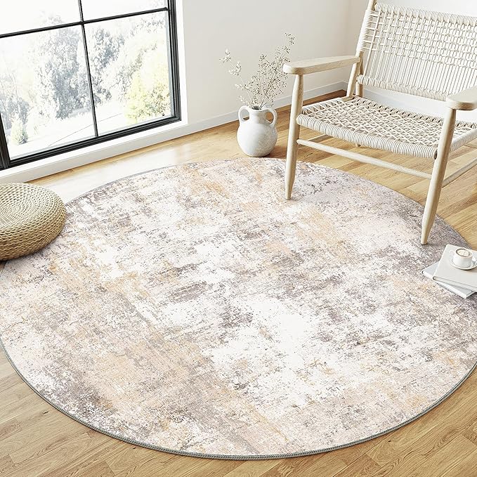3x3 Washable Round Rug Beige Grey Abstract Non Slip Soft Low Pile Circle Rug for Dining Room Office Entryway Neutral Modern Indoor Carpet for Living Room Bedroom Home Decor