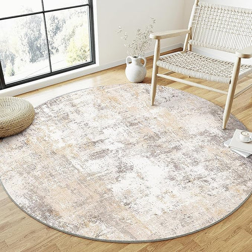 3x3 Washable Round Rug Beige Grey Abstract Non Slip Soft Low Pile Circle Rug for Dining Room Office Entryway Neutral Modern Indoor Carpet for Living Room Bedroom Home Decor
