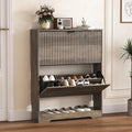 HUANLEGO Shoe Cabinet Storage for Entryway with 2 Flip Drawers, Grey Fluted Shoe Cabinet with Open Storage, Wooden Hidden Shoe Rack Freestanding Narrow Slim Shoes Organizer for Hallway, Entrance
