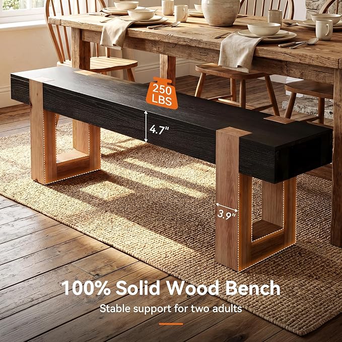 55" Solid Wood Dining Bench, Farmhouse Wooden Entryway Bench, End of Bed Bench, Indoor Bench Seat for Bedroom, Dining Room, Kitchen, Hallway, Black & Brown