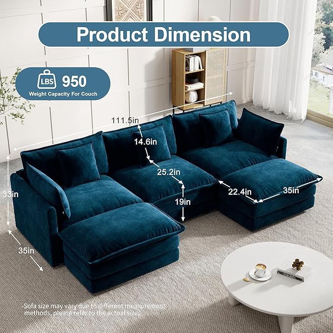 Modular Sectional Sofa, 111.5 Inch U-Shaped Cloud Sofa with Deep Seat Chenille Sofa with Cushions, Three-Self Sectional Sofa for Living Room Apartment,Blue
