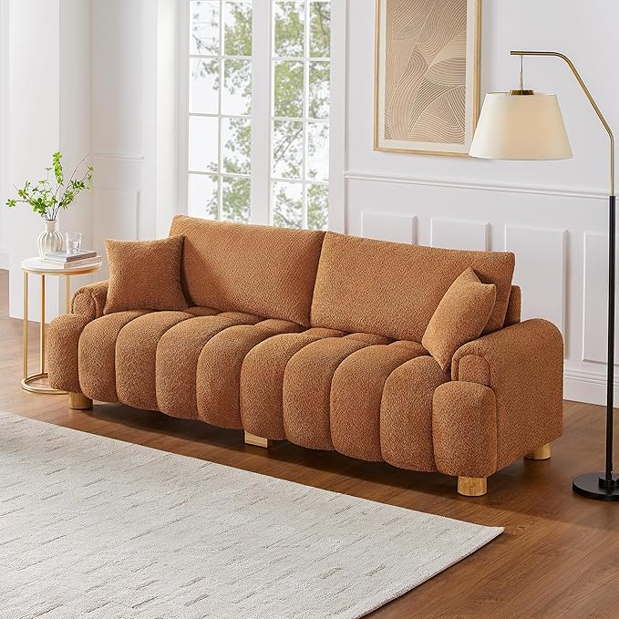 VANOMi Boucle Sofa Couch, 91" Comfy Tufted Upholstered Cloud Couches, Modern 3 Seater Sofa with Pillows, Oversized Deep Seat Sherpa Couch for Living Room, Bedroom, Apartment (Curry)