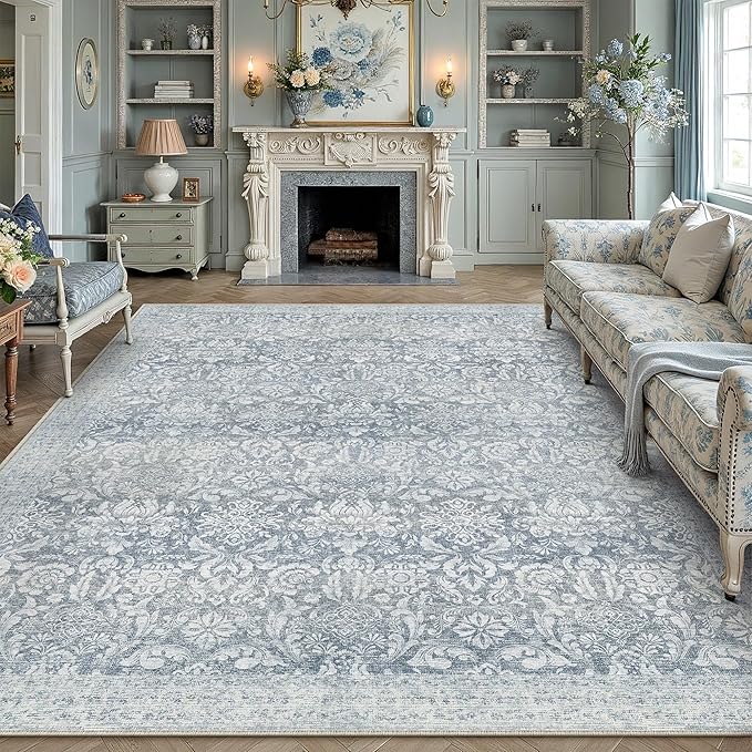 PureCozy Blue 6x9 Area Rug Washable Vintage Living Room Bedroom Carpet Indoor Non Slip Soft Low Pile Thin Rug Retro Accent Home Office Dining Room