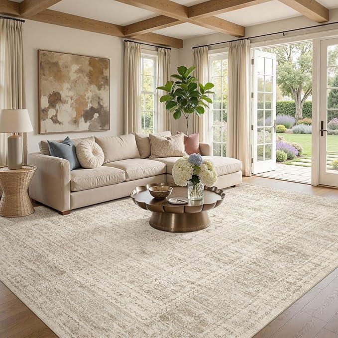 Nakagishi 10x14 Area Rugs Living Room: Washable Large Vintage Rug Neutral Non-Slip Soft Stain Resistant Indoor Carpet for Bedroom Nursery Dining Room Office Playroom - Beige Gray