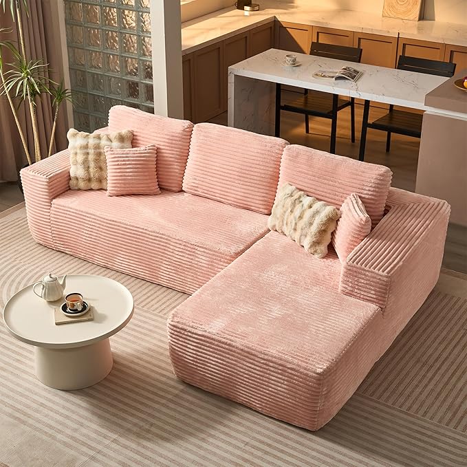 ovios 104" Cloud Boneless Couch with L-Shape Chaise,Modern Sectional Modular Sofa with Deep Seat, Upholstered Couches for Living Room Bedroom,No Assembly Required, Pink (Plush Corduroy Fabric)