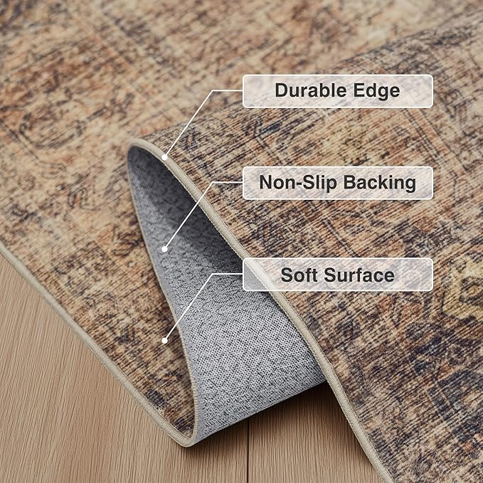 FMFUNCTEX 9x12 Washable Area Rug Terracotta Vintage Neutral Distressed Oriental Large Non Slip Carpet for Living Room Bedroom Soft Low Pile Indoor Mat Retro Rug for Dining Room Kitchen Office Nursery