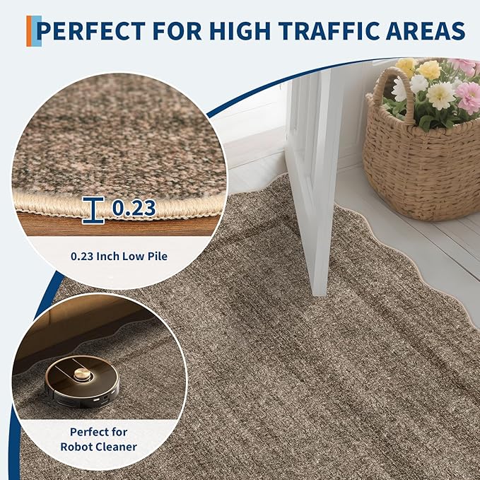 GarveeHome Scalloped Washable Rugs 10x13 Rug for Living Room Modern Bedroom Rug Taupe Large Area Rug Non Slip Throw Rugs Soft Low Pile Stain Resistant Carpet for Dorm Dining Room 10 ft x13 ft Taupe