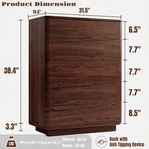 ACCOHOHO 5 Drawer Dresser for Bedroom, 42" Tall Modern Wood Dresser with Hidden Handle Drawers, Large Storage Chest of Drawers for Living Room & Hallway, Curved Profile Design, Dark Walnut